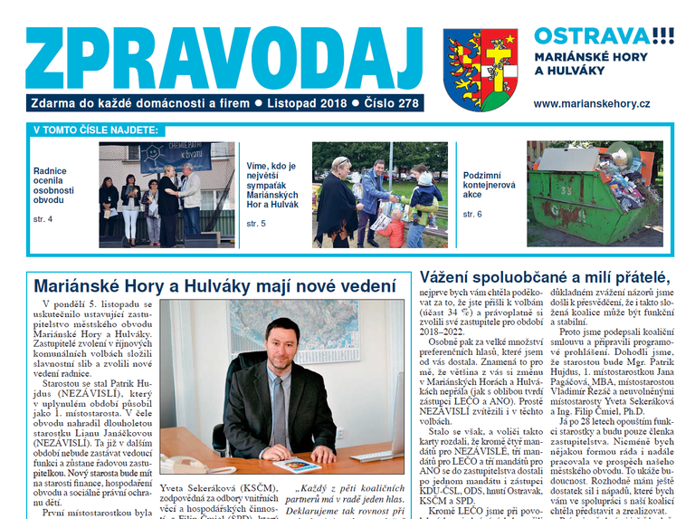 Vyšel listopadový Zpravodaj Mariánských Hor a Hulvák