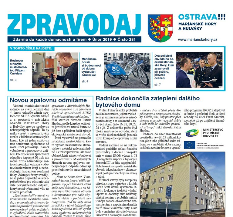 Vyšel únorový Zpravodaj Mariánských hor a Hulvák