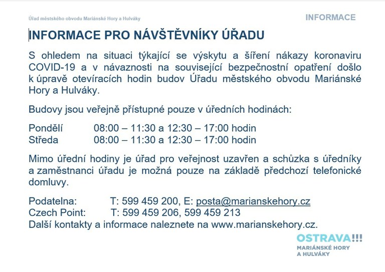 ZMĚNA OTEVÍRACÍCH HODIN RADNICE PLATNÁ OD 28. LISTOPADU 2021